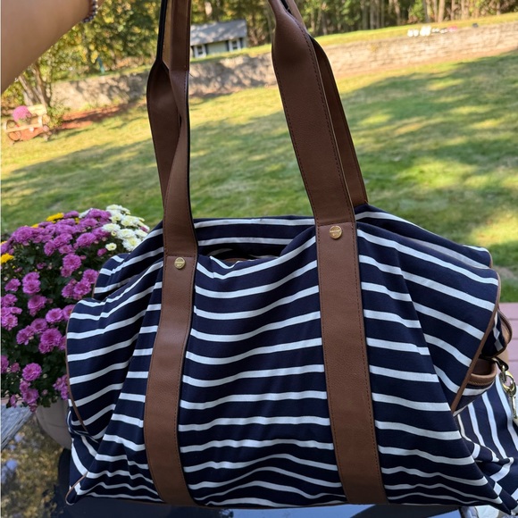 Madden Girl Navy and White Striped Tote with Brown Trim - Picture 4 of 16